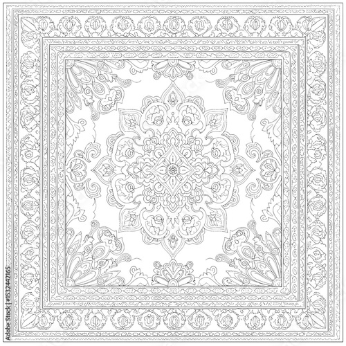 Intricate floral and paisley patterns create an oriental rug outline for coloring books