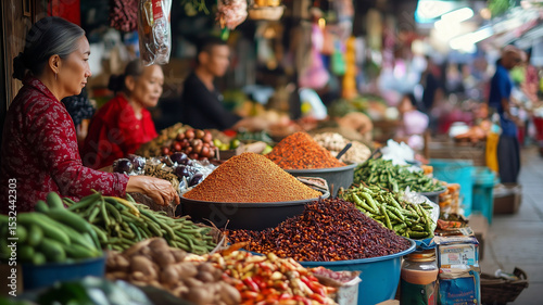 Bustling Traditional Indonesian Market with Fresh Produce and Spices