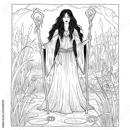 Enchantress with long black hair in a swamp scene, holding ornate staves