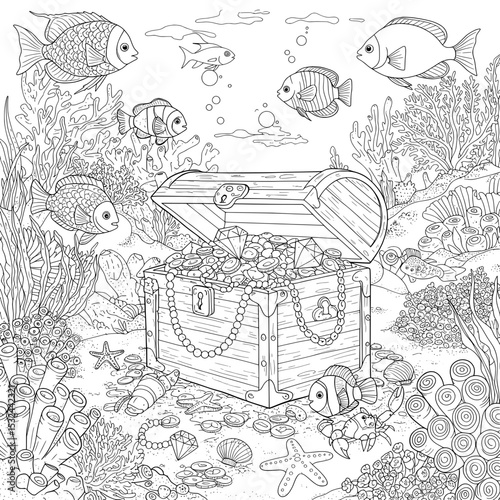 Underwater scene with fish, corals, and treasure chest with coins and gems