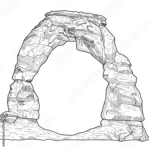 A sketched rock arch with a rough texture and irregular shapes against a plain white background