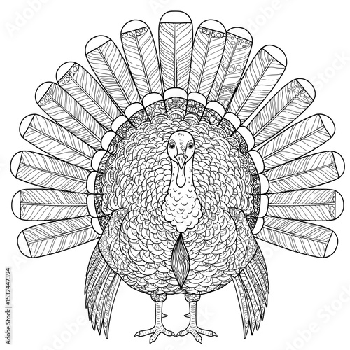 Stylized turkey with elaborate feather pattern and mandala-like details in black and white