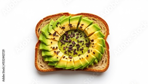 A vibrant overhead shot of a slice of toast topped with avocado and seasonings. The avocado is meticulously sliced and arranged, creating a visually appealing and appetizing display. 
