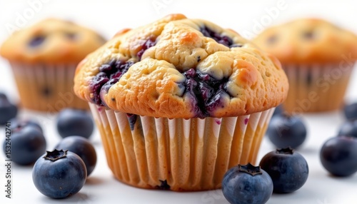 Blueberry muffin with fresh blueberries, close-up shot. Delicious bakery product.