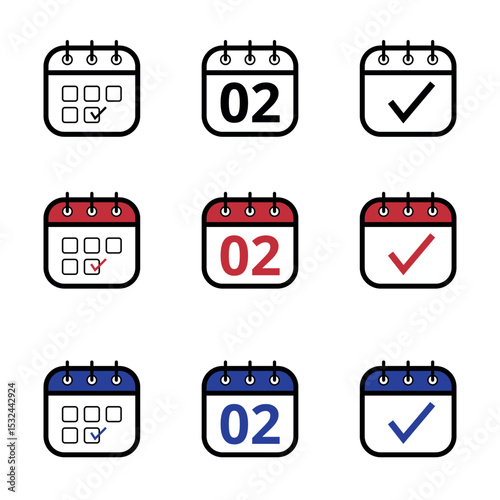 Collection of calendar icons in different models in black, red and blue colors. Calendar icon with a specific day marked, day 02.