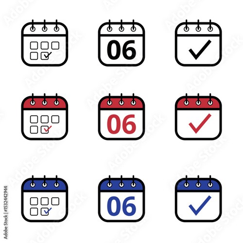 Collection of calendar icons in different models in black, red and blue colors. Calendar icon with a specific day marked, day 06.