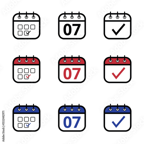 Collection of calendar icons in different models in black, red and blue colors. Calendar icon with a specific day marked, day 07.