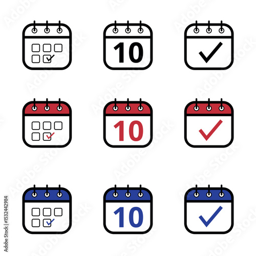 Collection of calendar icons in different models in black, red and blue colors. Calendar icon with a specific day marked, day 10.