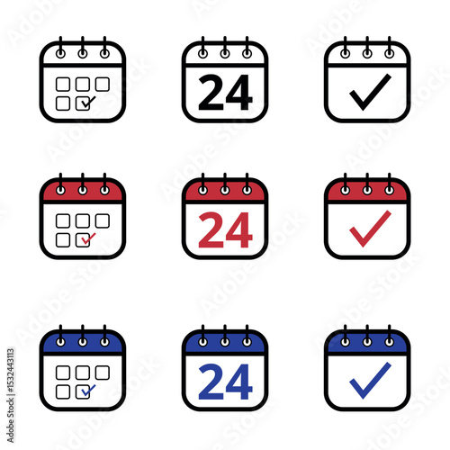 Collection of calendar icons in different models in black, red and blue colors. Calendar icon with a specific day marked, day 24.