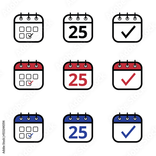 Collection of calendar icons in different models in black, red and blue colors. Calendar icon with a specific day marked, day 25.
