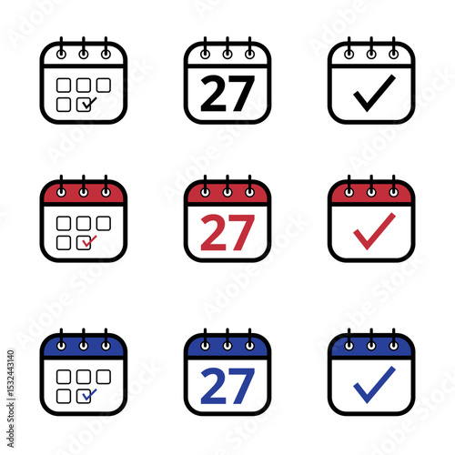 Collection of calendar icons in different models in black, red and blue colors. Calendar icon with a specific day marked, day 27.