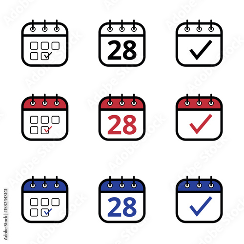 Collection of calendar icons in different models in black, red and blue colors. Calendar icon with a specific day marked, day 28.
