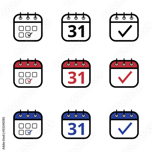 Collection of calendar icons in different models in black, red and blue colors. Calendar icon with a specific day marked, day 31.