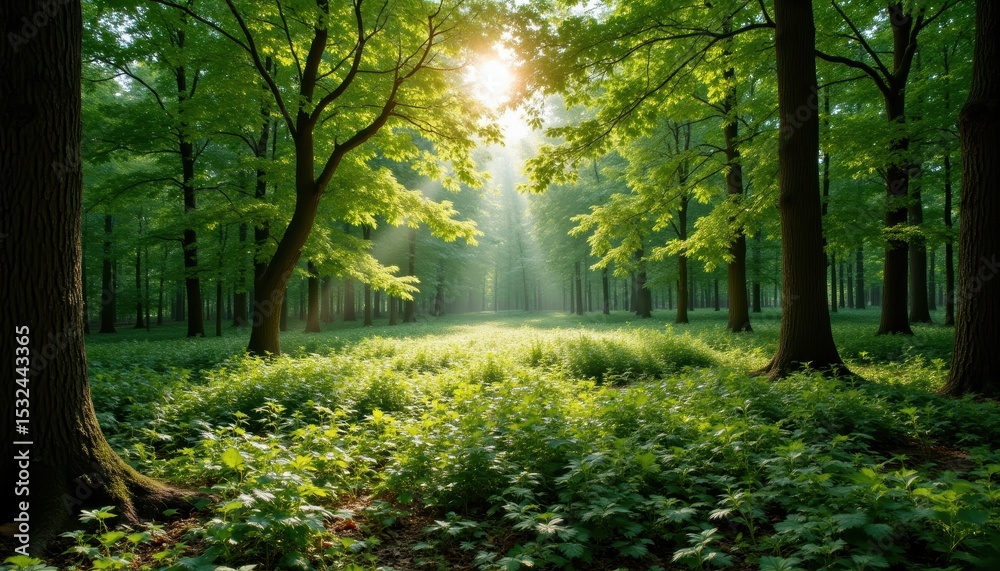Obraz premium Serene Forest Landscape with Sunlight Filtering Through Lush Green Trees and Vibrant Underbrush