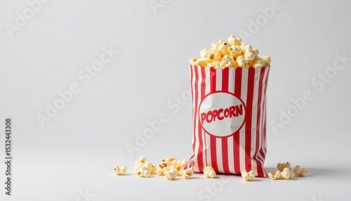 A classic popcorn bag filled with freshly popped, delicious popcorn. It's a perfect snack for movie nights or any casual gathering. The popcorn spills out slightly, inviting and tempting