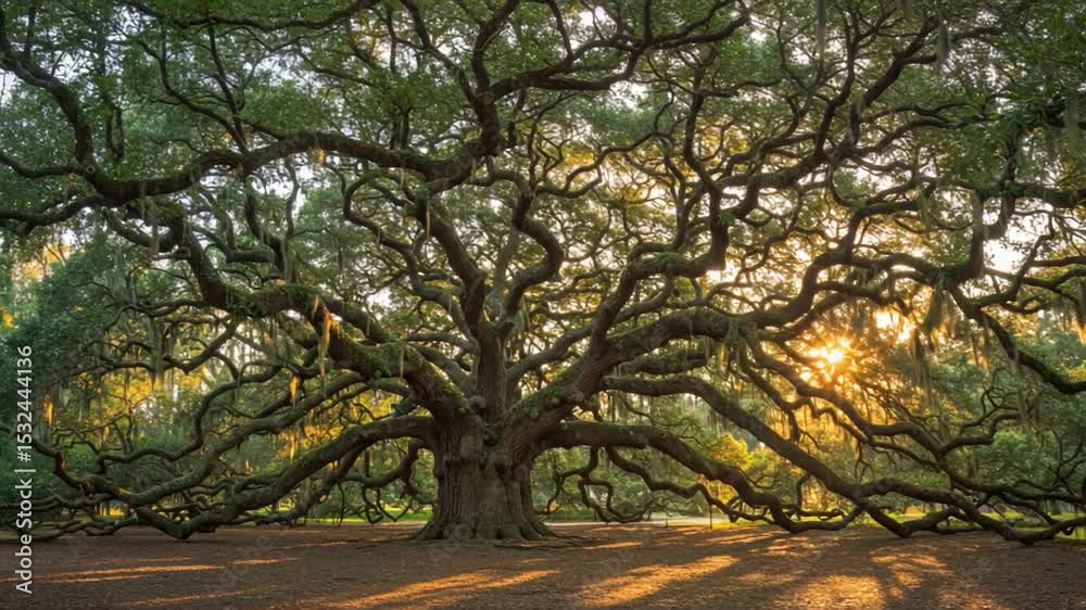 Majestic tree with sunburst in serene park setting Majestic tree with sunburst in serene park setting