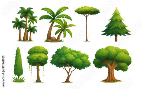 Diverse Collection of Cartoon Trees Perfect for Game Design or Illustration Projects Featuring Palm Trees Conifers and Deciduous Trees