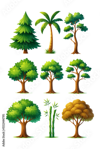Vibrant Collection of Cartoon Trees Plants and Bamboo ideal for Game Design and Illustration Projects