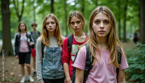 Group of Teenage Girls in Forest Displaying Expressions of Seriousness and Courage