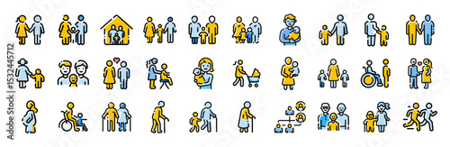 Family people life stages couple parent child generation vector glyph icons
