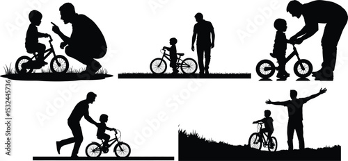 Father and Son Bicycle Learning Silhouettes,Dad and Kid Bike Riding Lesson Vector Collection, fathers day silhouette bundle

