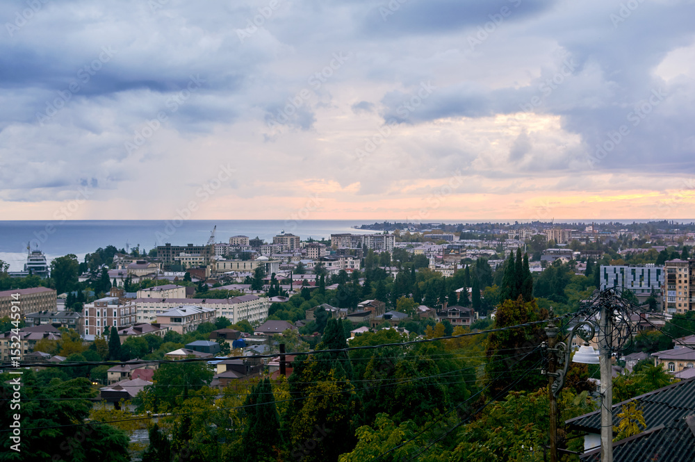 Fototapeta premium Sukhumi, Abkhazia. Pinky sunset over the Black Sea.