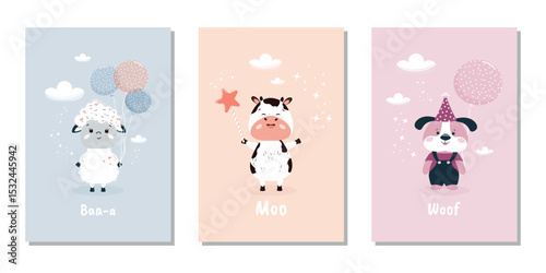 A set of children's modern banners with hand-drawn lamb with balloons, cow and dog for invitations, greeting cards, covers, posters and more. Flat vector illustration.