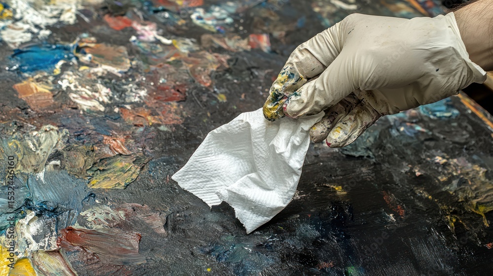 Obraz premium Hand in glove cleaning a vibrant paint palette