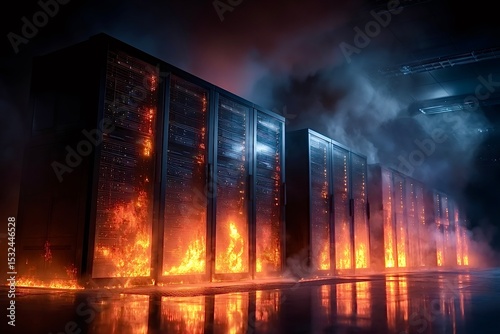 Fire burning server computers in data center with smoke and reflections
