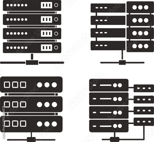 Server rack network infrastructure symbol showing different configurations and connections vector illustration 