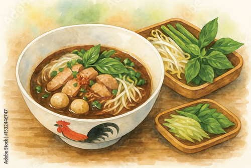 Thai Boat Noodles with Side Vegetables – Watercolor PNG
