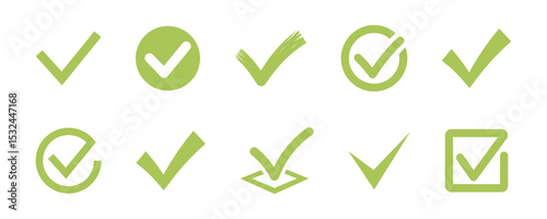Green check mark icons in various shapes and styles including circles, boxes, and brush strokes.