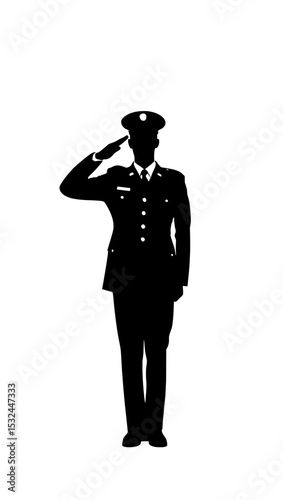 Silhouette of a military officer in uniform saluting against white background