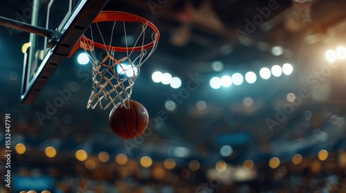 Basketball Through Net with Arena Background