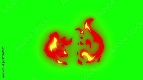 Cartoon fire , fire cartoon graphics, anime fire. Set cartoon loop animation fire or flame isolated on green background. 