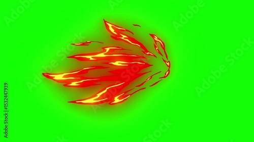 Cartoon fire , fire cartoon graphics, anime fire. Set cartoon loop animation fire or flame isolated on green background. 