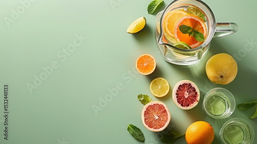 Citrus Fruits, Apple, Mint, and Water in Pitcher and Glasses on Green Background