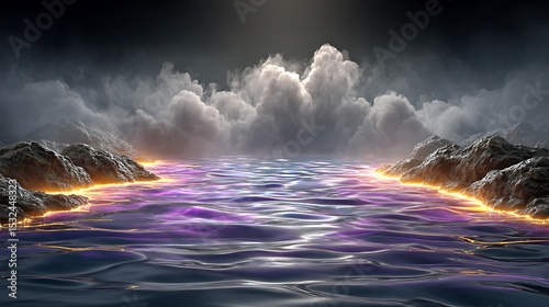 A pool of still black water radiating glowing neon lines from below, with fog drifting gently above and occasional flares adding mystic highlights.