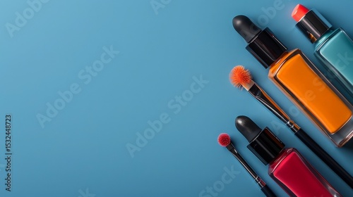 Cosmetic Bottles and Brushes on Blue Background