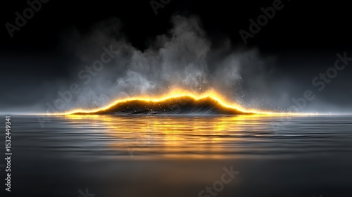 A pool of still black water radiating glowing neon lines from below, with fog drifting gently above and occasional flares adding mystic highlights.