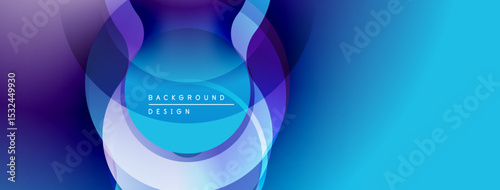 Abstract design features layered circles, vibrant blues, purples. Modern aesthetic, smooth gradients create dynamic visual effect.