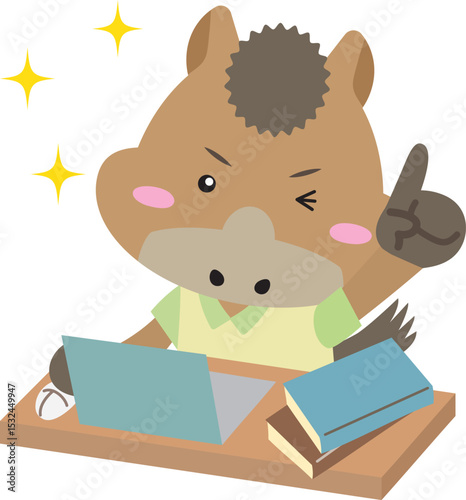 パソコン作業をする干支の馬キャラクター・午年の仕事と学習素材