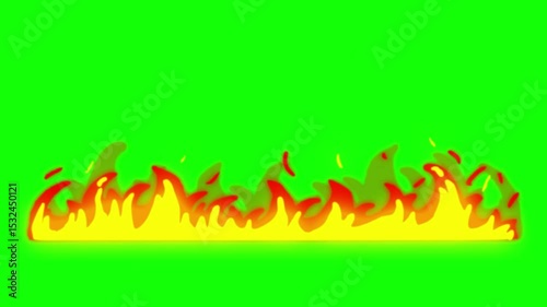 Cartoon fire , fire cartoon graphics, anime fire. Set cartoon loop animation fire or flame isolated on green background. 