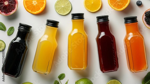Five Juice Bottles with Fruit Slices and Herbs on White Background