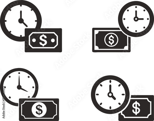 Time is money clock and money symbol variations, A visual representation of the relationship between time and money illustrating different ways they can be depicted together