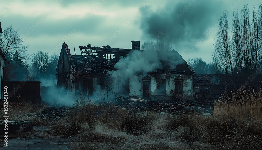 Fototapeta premium A crumbling, smoke-filled house stands in ruins.