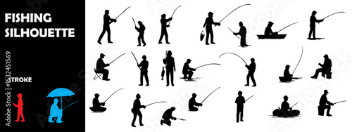Fishing Silhouette Vector Set – Anglers and Outdoor Water Catching Scenes
