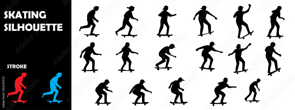 Naklejka premium Skating Silhouette Vector Set – Rollerblading and Ice Skating Action Moments