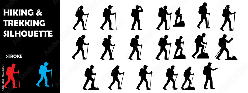 Fototapeta premium Hiking and Trekking Silhouette Vector Set – Mountain Climbing and Trail Exploration