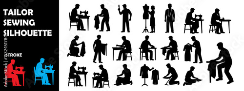 Tailor Sewing Silhouette Vector Set – Stitching, Cutting, and Designing Fashion Scenes